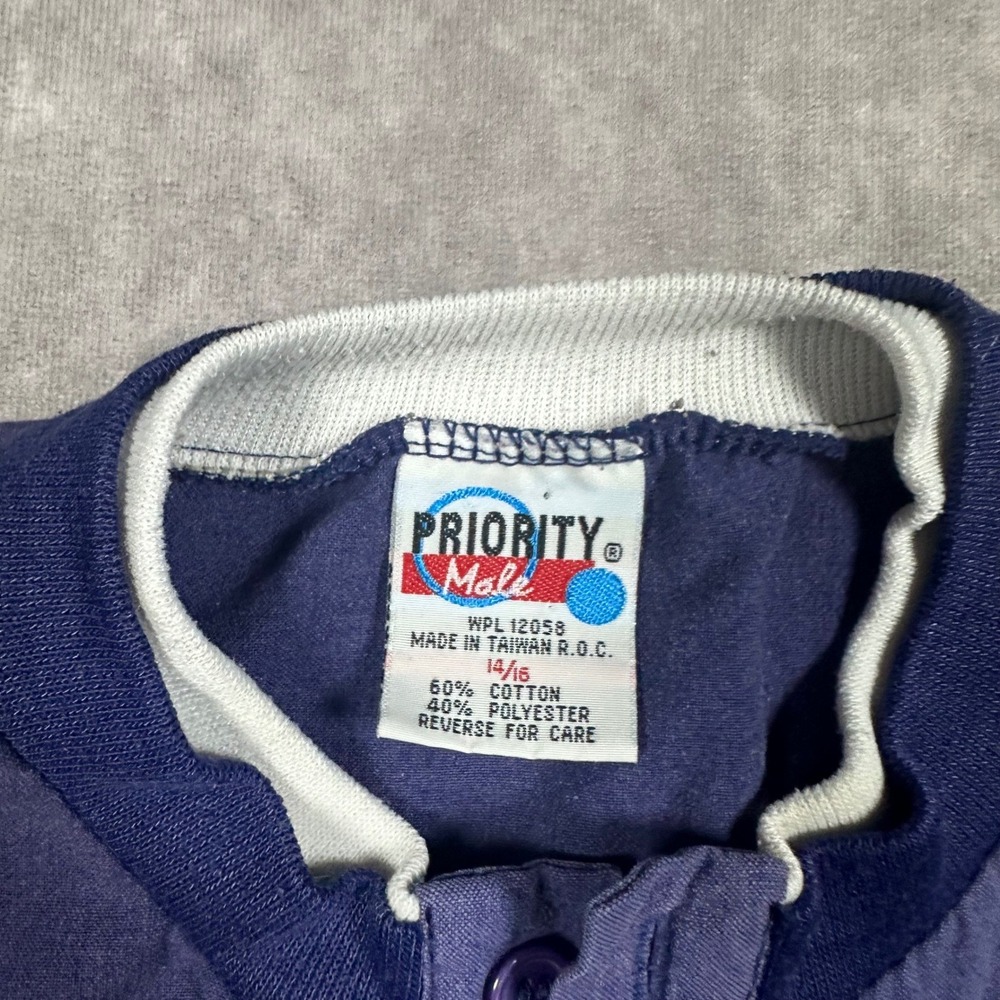 Vintage 90s Priority Male Streetwear Henley Shirt Blue Graphic Patch Boys 14/16 - Picture 4 of 6